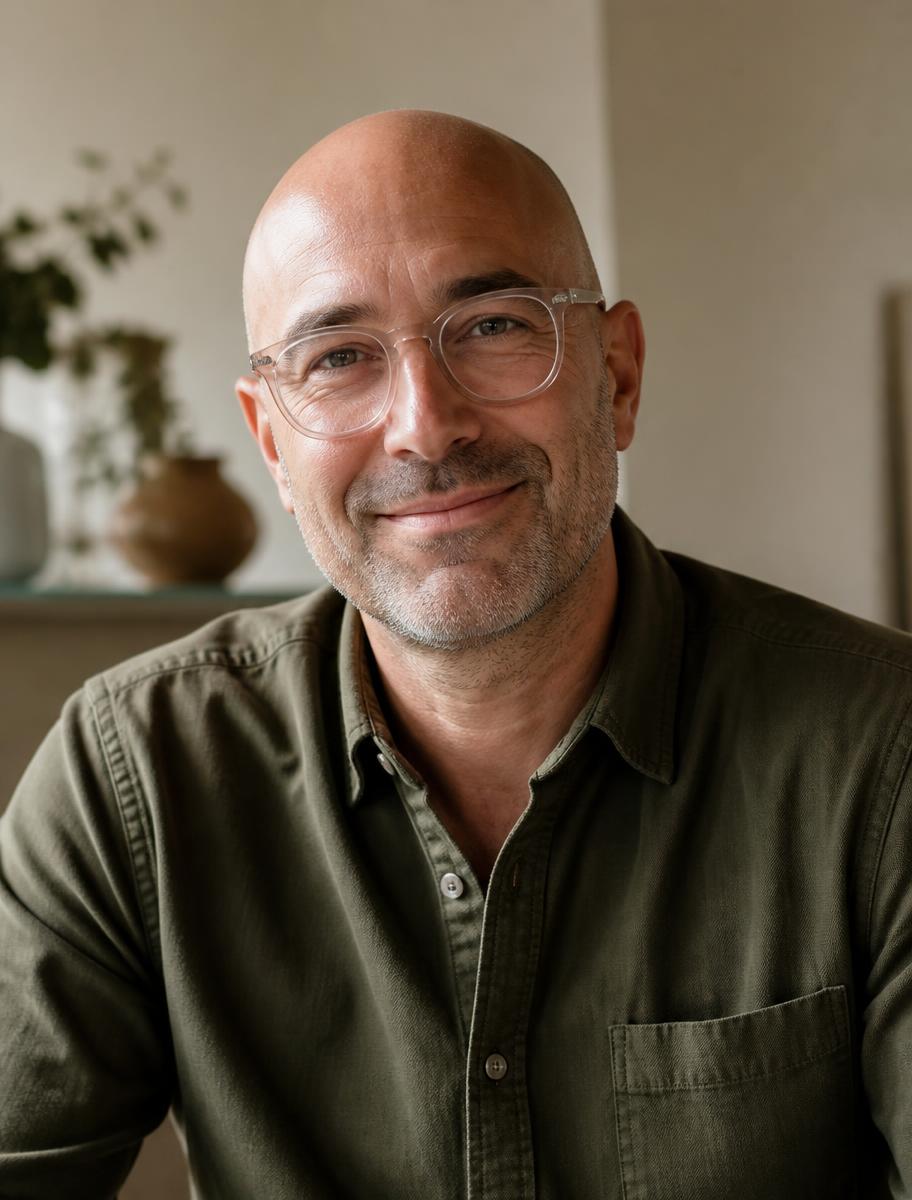 A middle-aged bald man wearing clear round glasses and an olive shirt