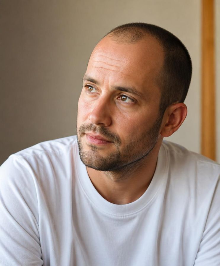 A man with a receding hairline buzzed very short, looking out of a window
