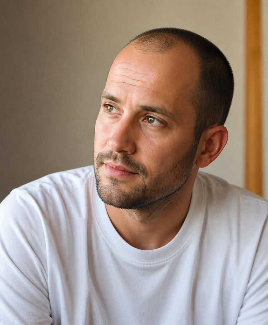 A man with a receding hairline buzzed very short, in a white t-shirt, looking out of a window