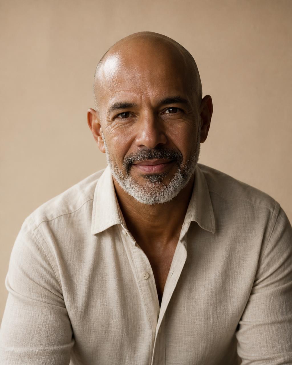 A bald man in his fifties with a grey-flecked beard and a linen shirt, smiling gently
