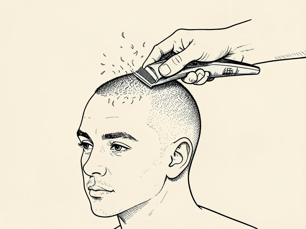 Ink sketch of clippers taking the hair on the scalp down to stubble.