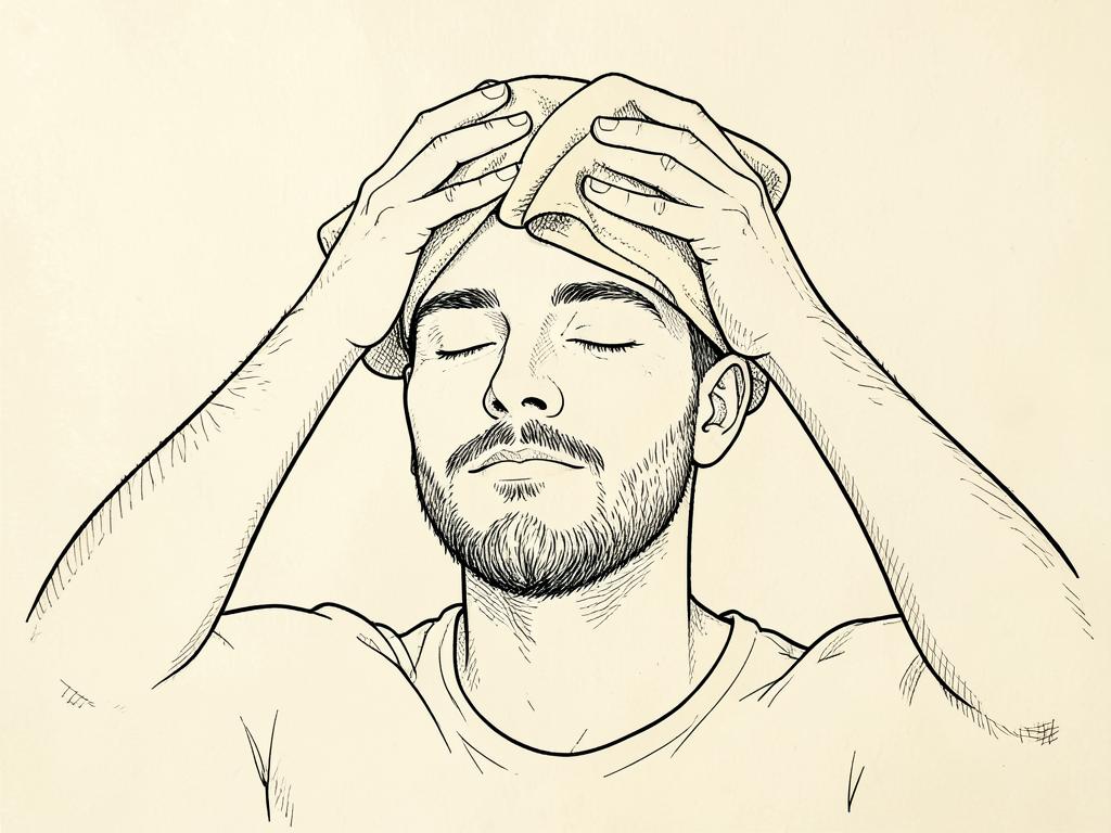 Ink sketch of a warm damp towel pressed over the scalp to soften the stubble.