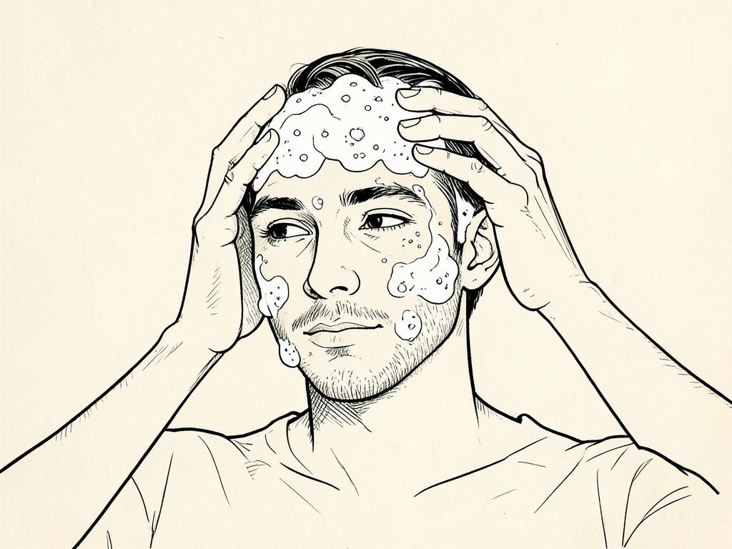 Ink sketch of shave lather being worked over the whole scalp.