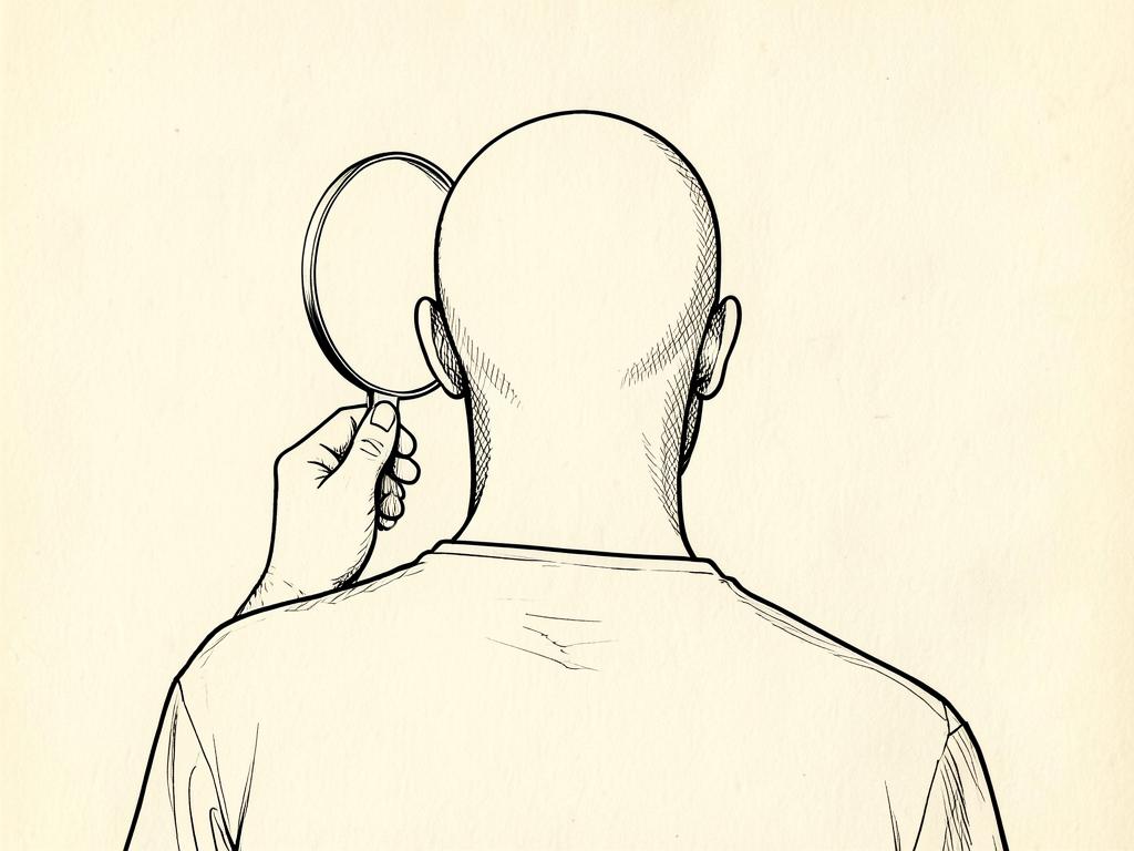 Ink sketch of the back of the head being checked with a hand mirror.