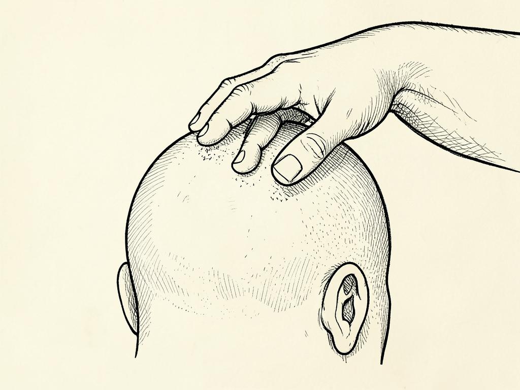 Ink sketch of a palm feeling the scalp for missed patches.