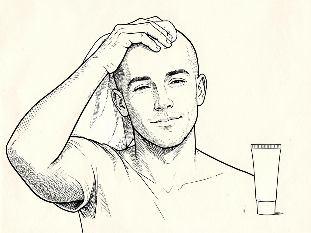 Ink sketch of moisturiser being applied to the freshly shaved scalp.